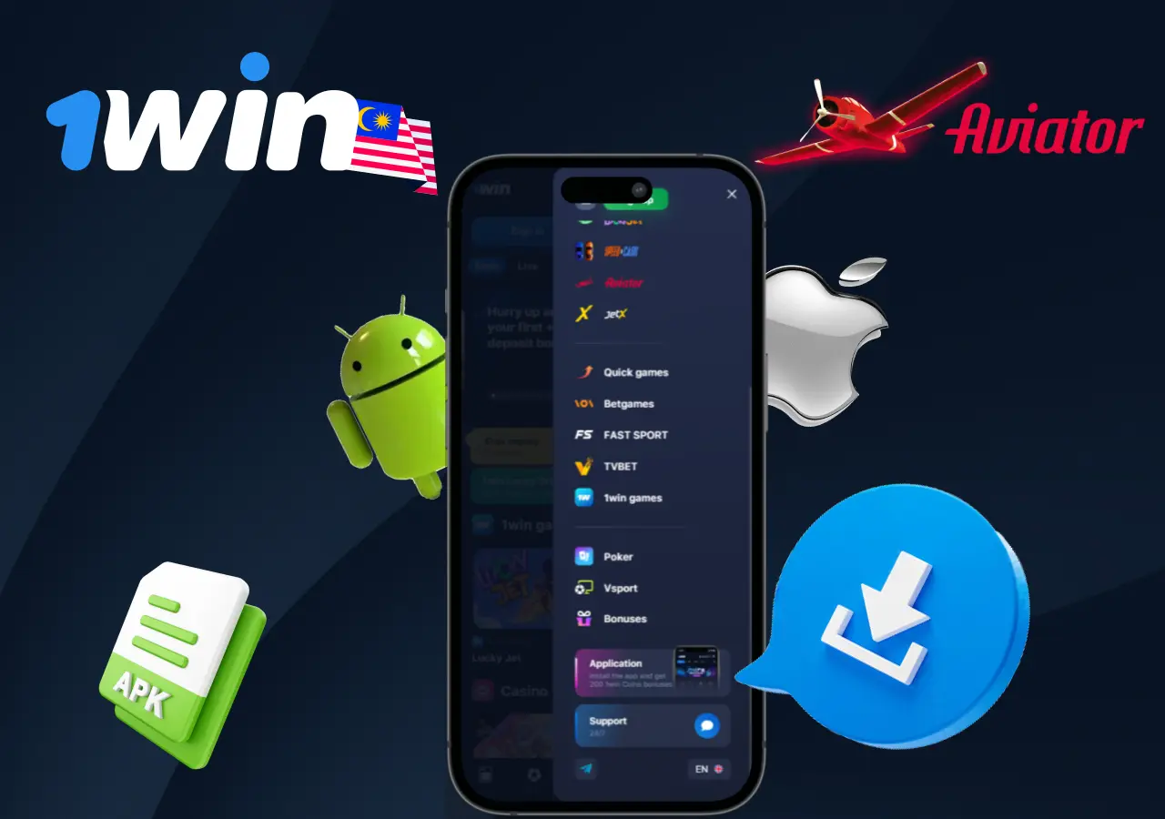 app showing Aviator game menu with Android and iOS download options and APK icon