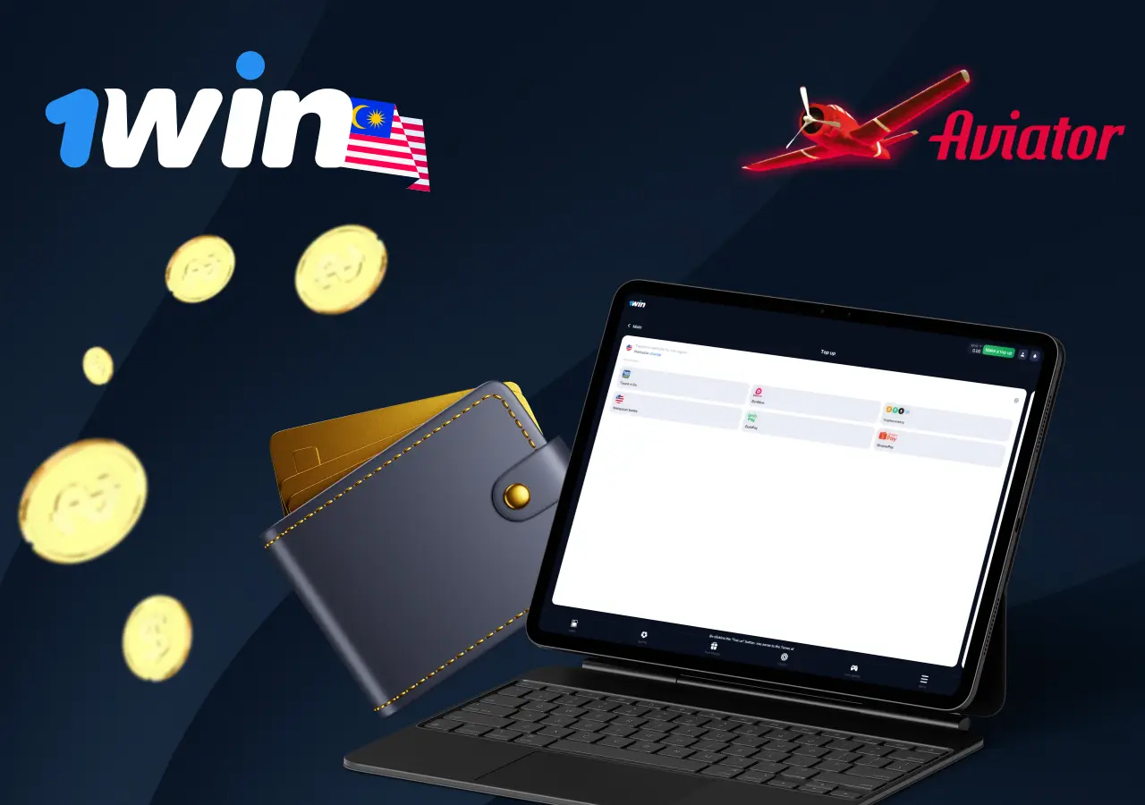 1Win payment methods displayed on a tablet screen, featuring options like Malaysian banks and cryptocurrency