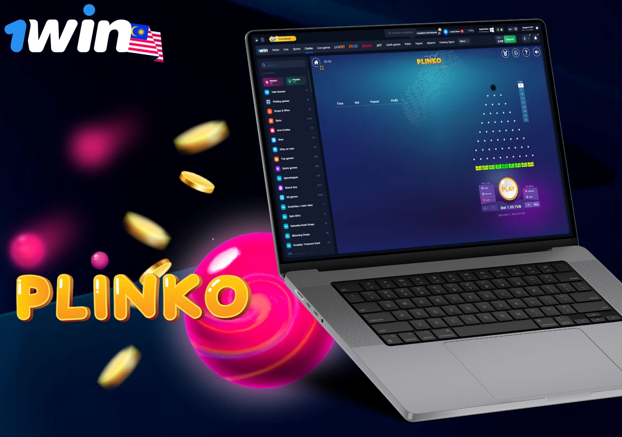 1Win Plinko board interface with betting options for Malaysian online casino players
