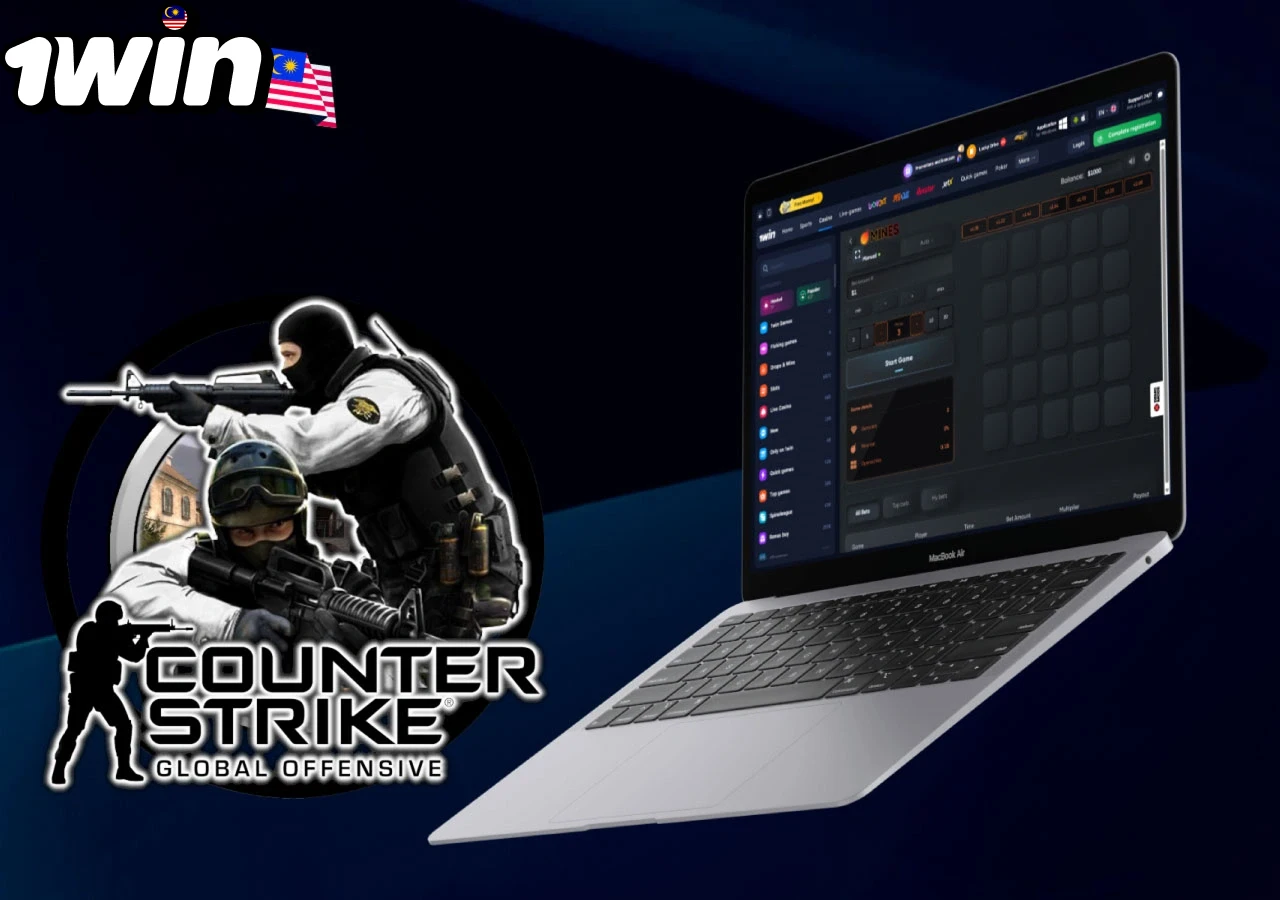 Counter-Strike Global Offensive logo next to 1win e-sports betting platform interface
