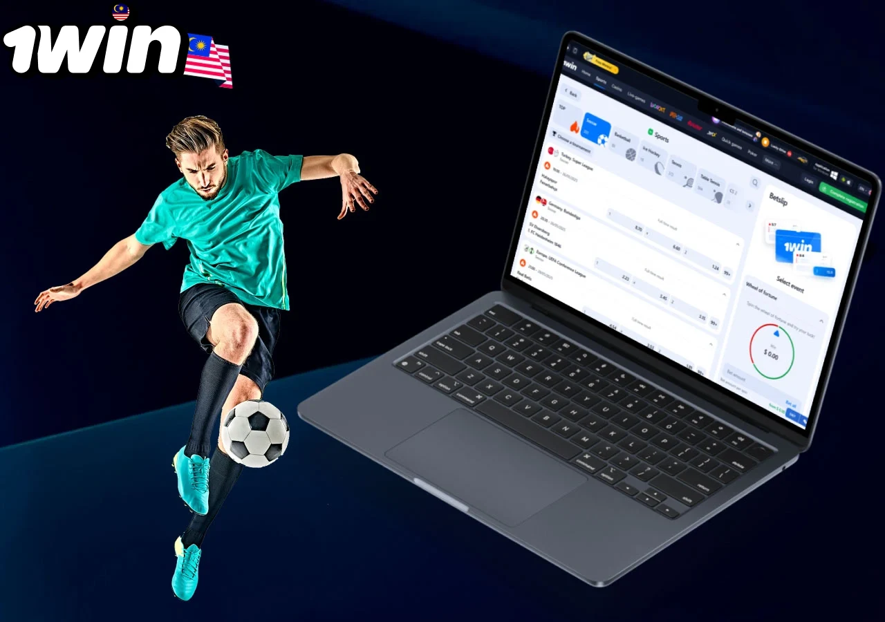 Footballer making a trick shot in front of a laptop screen showing 1win live sports betting odds