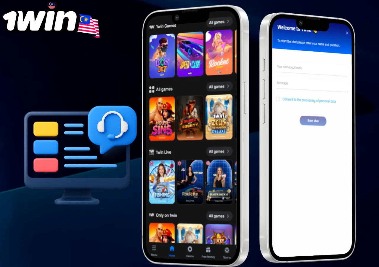 1win mobile interface with customer support chat and wide game selection for players in Malaysia
