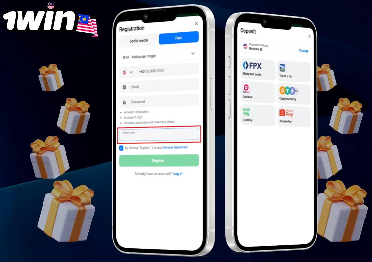 Registration and deposit options on 1win Malaysia app showing promo code field and local payment methods