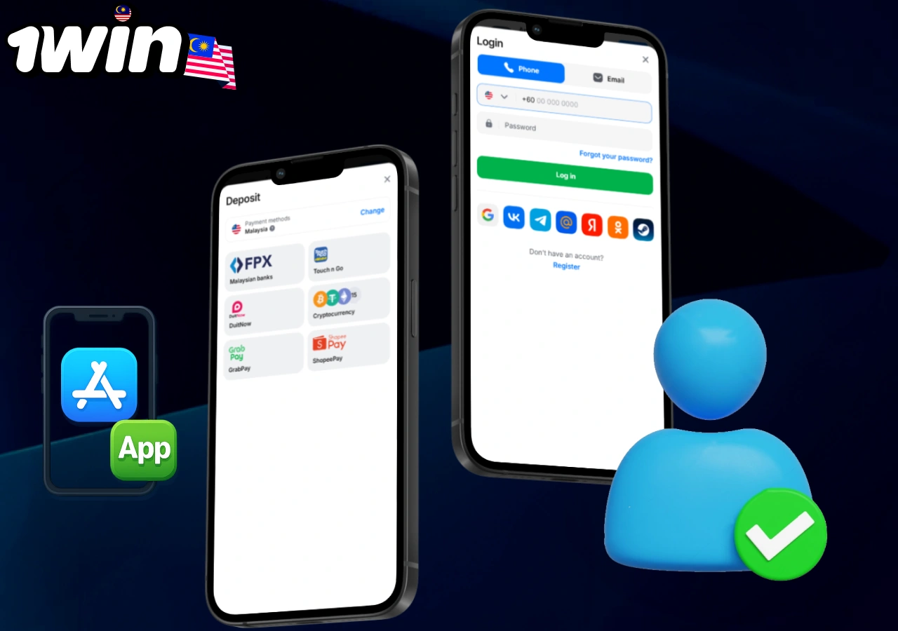 Deposit options on 1win mobile app showing FPX, Touch n Go, crypto and login screen for account access