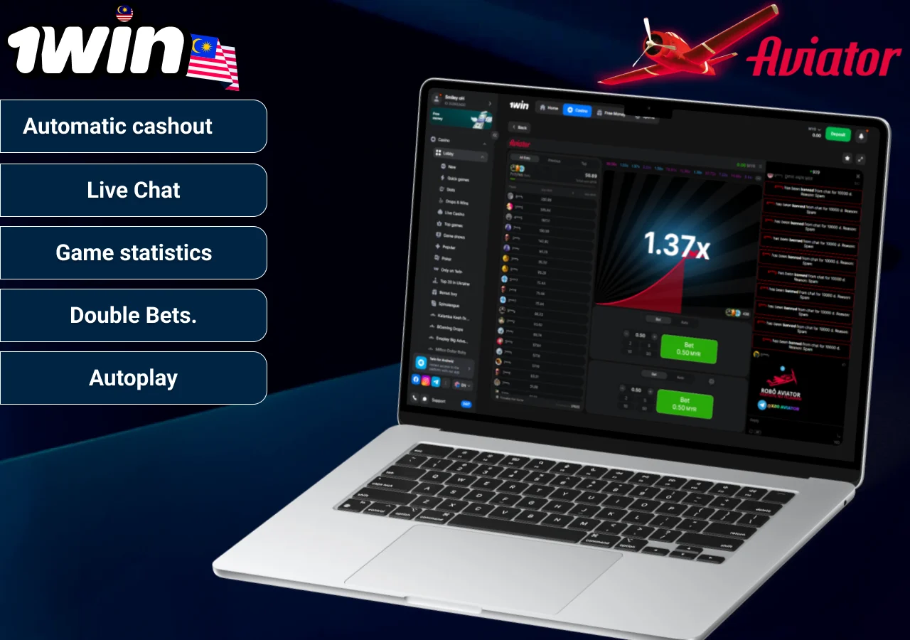 Aviator game main features shown on 1win platform with options for automatic cashout, chat and autoplay