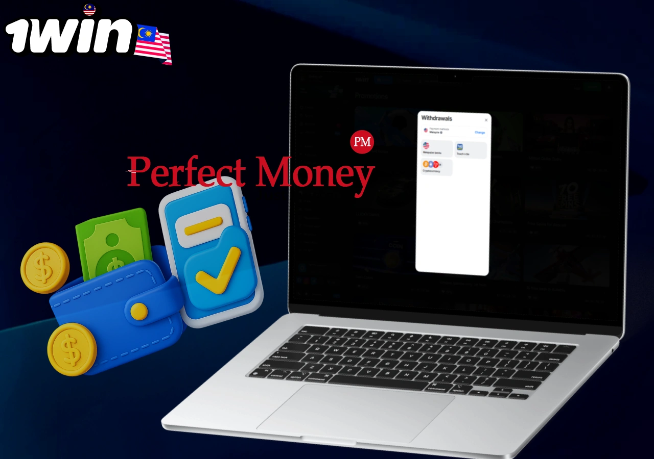 Perfect Money withdrawal option on 1win platform with wallet and cash icons for secure online transactions