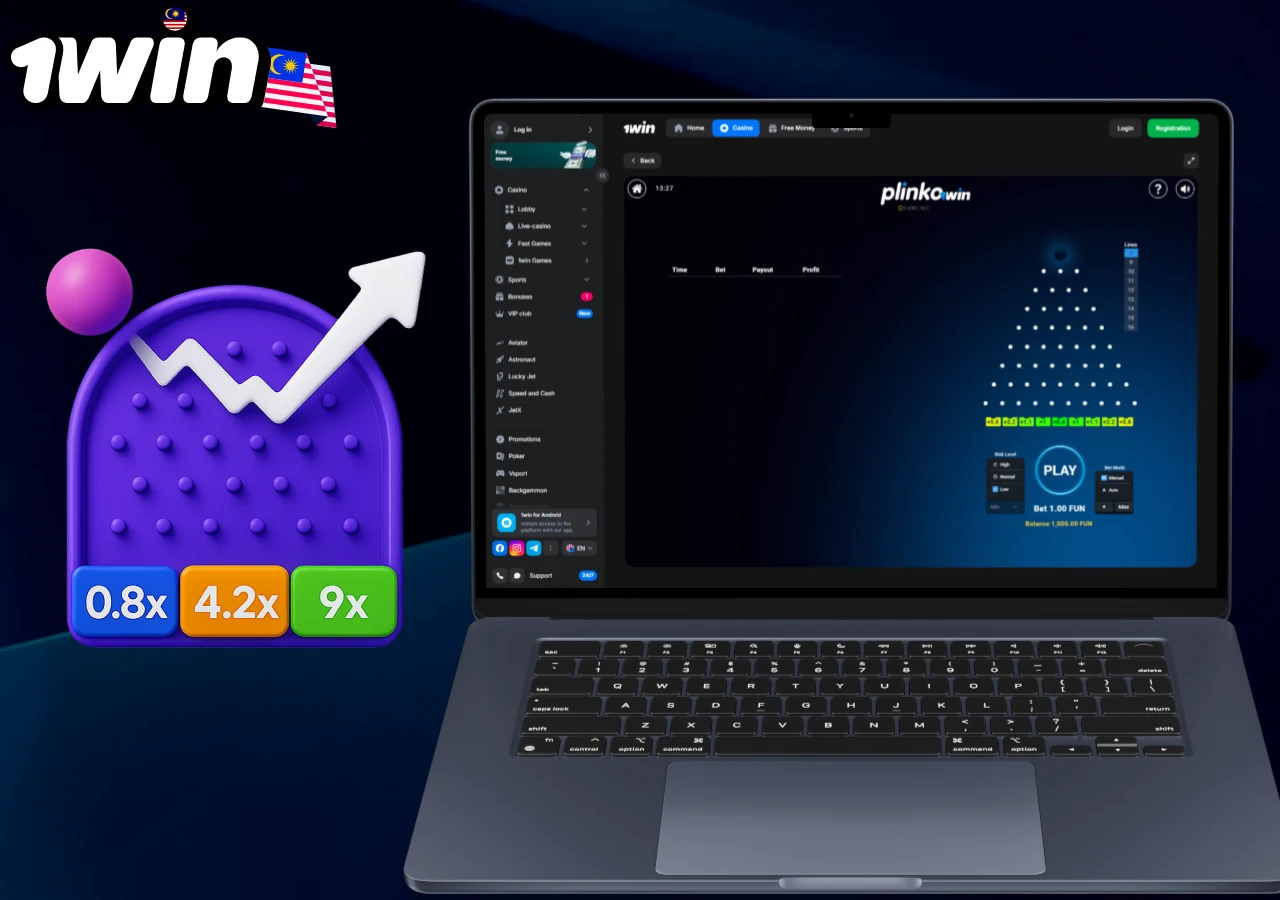 Interactive Plinko gameplay on 1win platform showing betting multipliers and chance-based winning options
