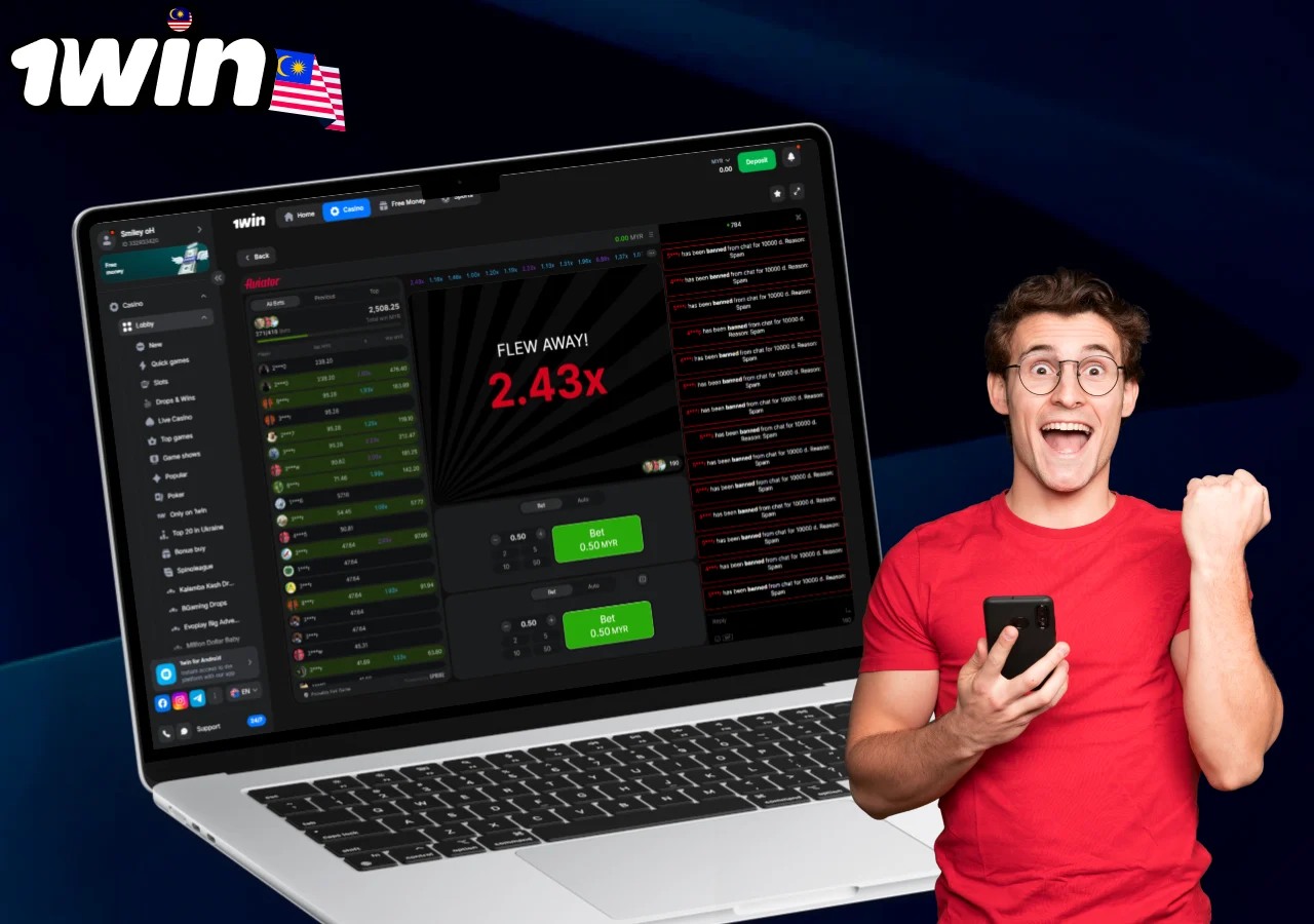 Advantages and disadvantages of 1win Aviator game highlighted on laptop interface with bright icons