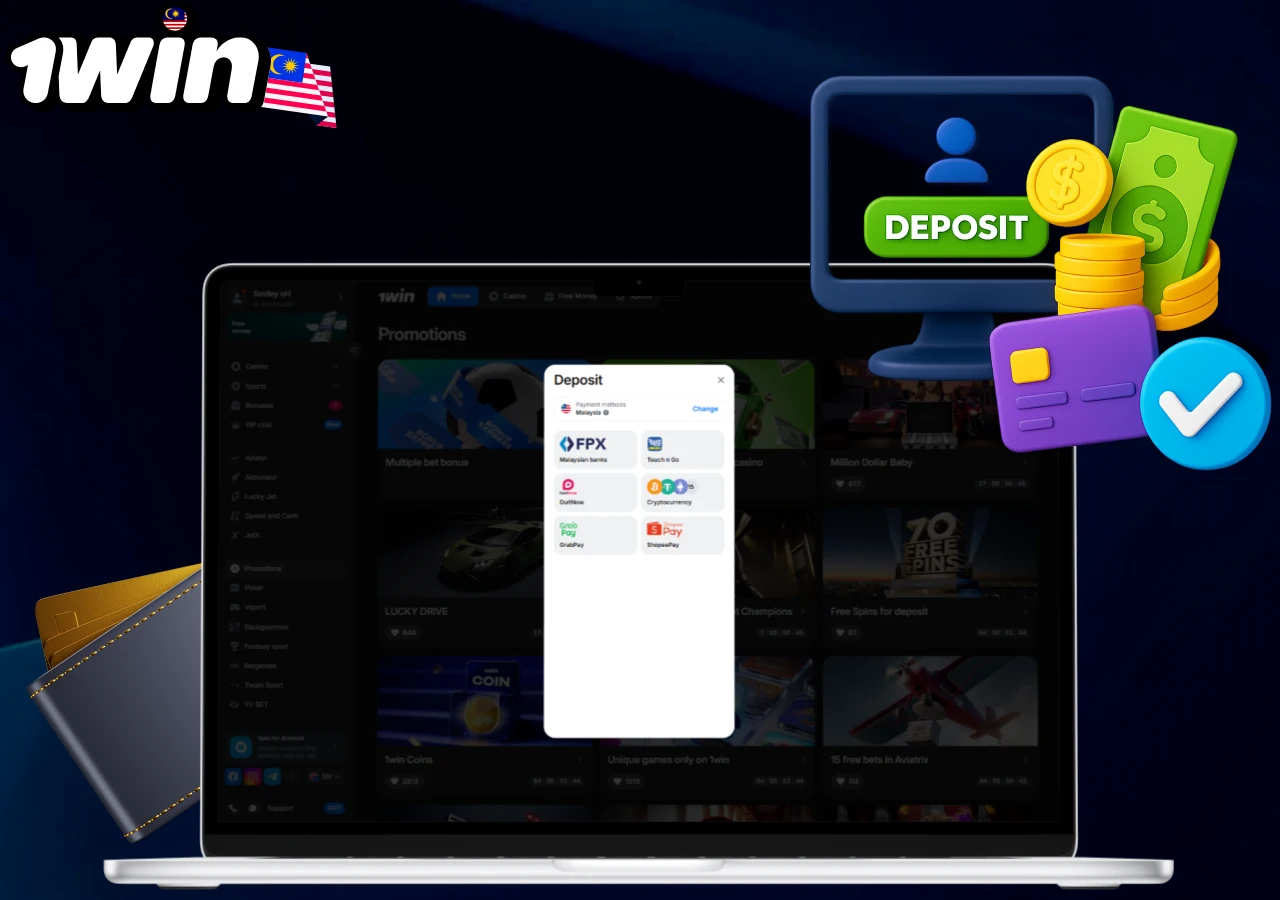 Step-by-step deposit process on 1win casino platform with available payment methods for new players