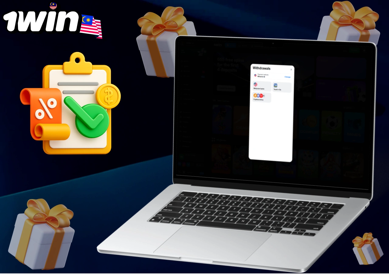 Withdrawal options on 1win Malaysia platform displayed on laptop screen with secure payment icons and bonuses.