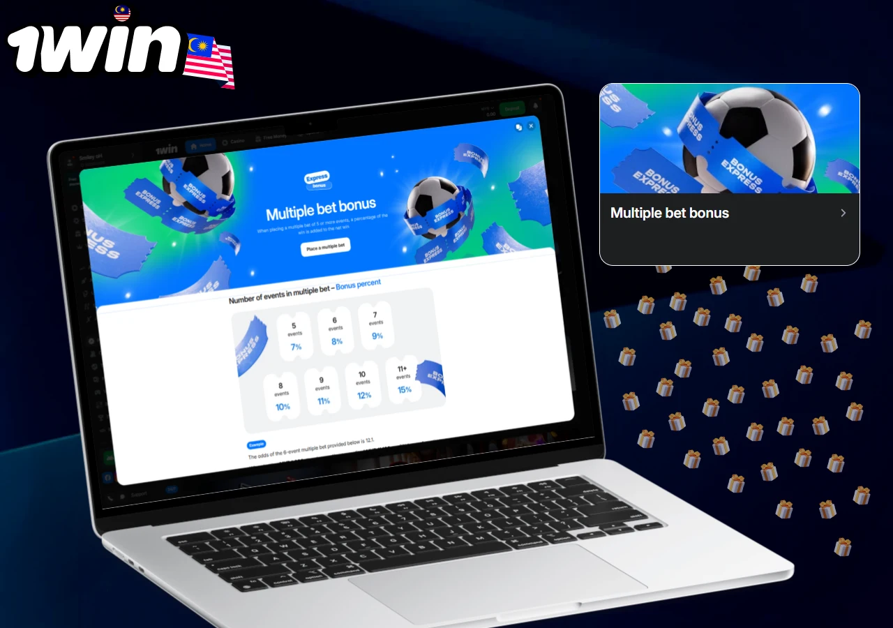 Multiple bet bonus promotion on 1win Malaysia site with laptop view of bonus percentages for sports bets