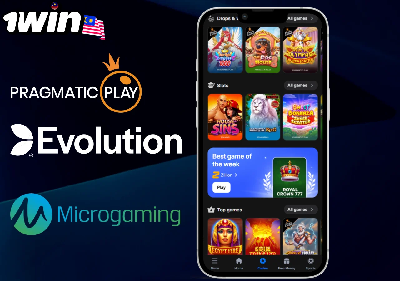 1win mobile casino app showing Pragmatic Play Evolution Microgaming slots and top games for players