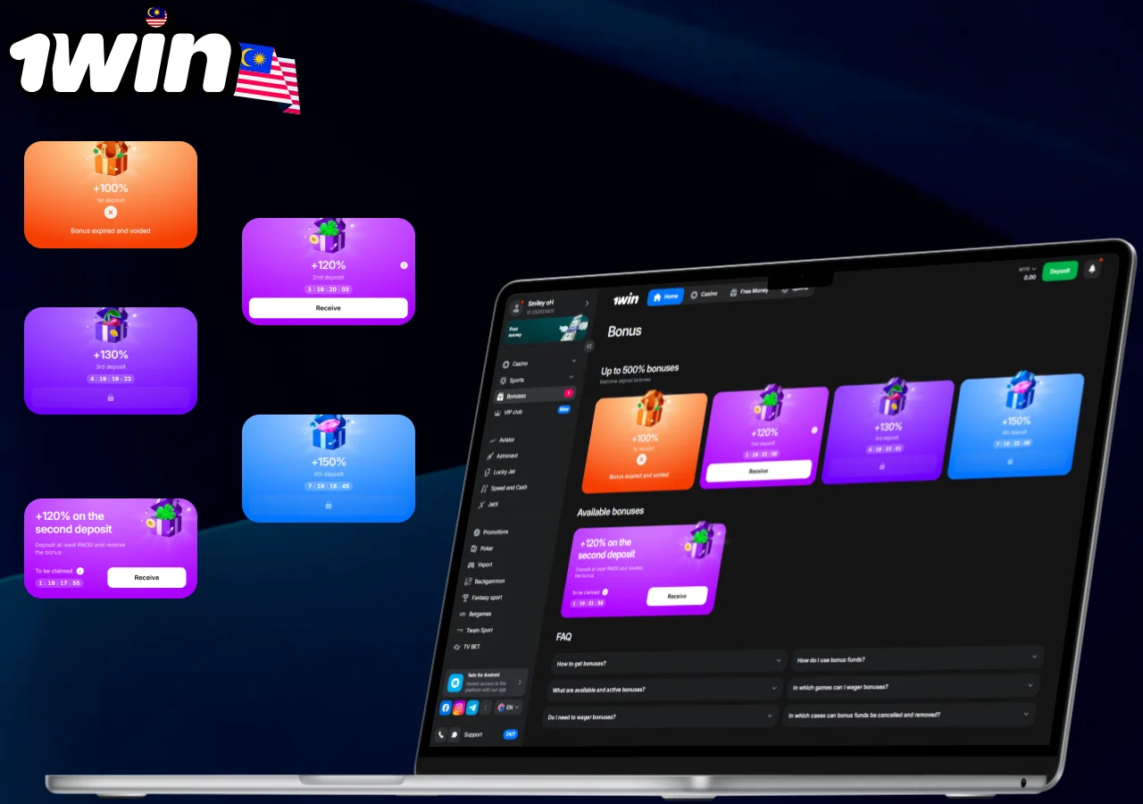 Welcome bonus up to 500 percent displayed on 1win platform with colorful gift cards and promotions