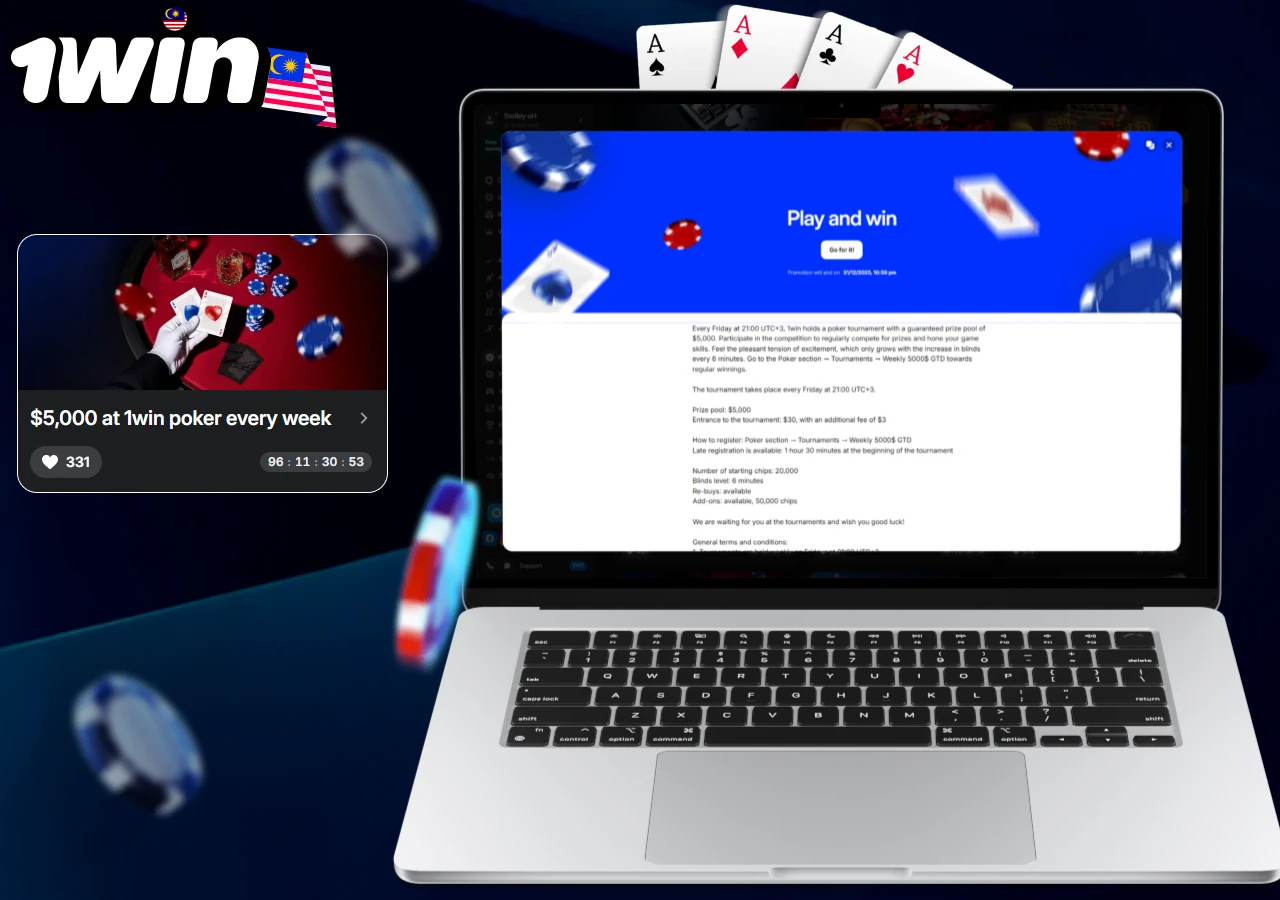 1win Malaysia poker tournament promotion showing play and win event details with weekly $5000 prize pool
