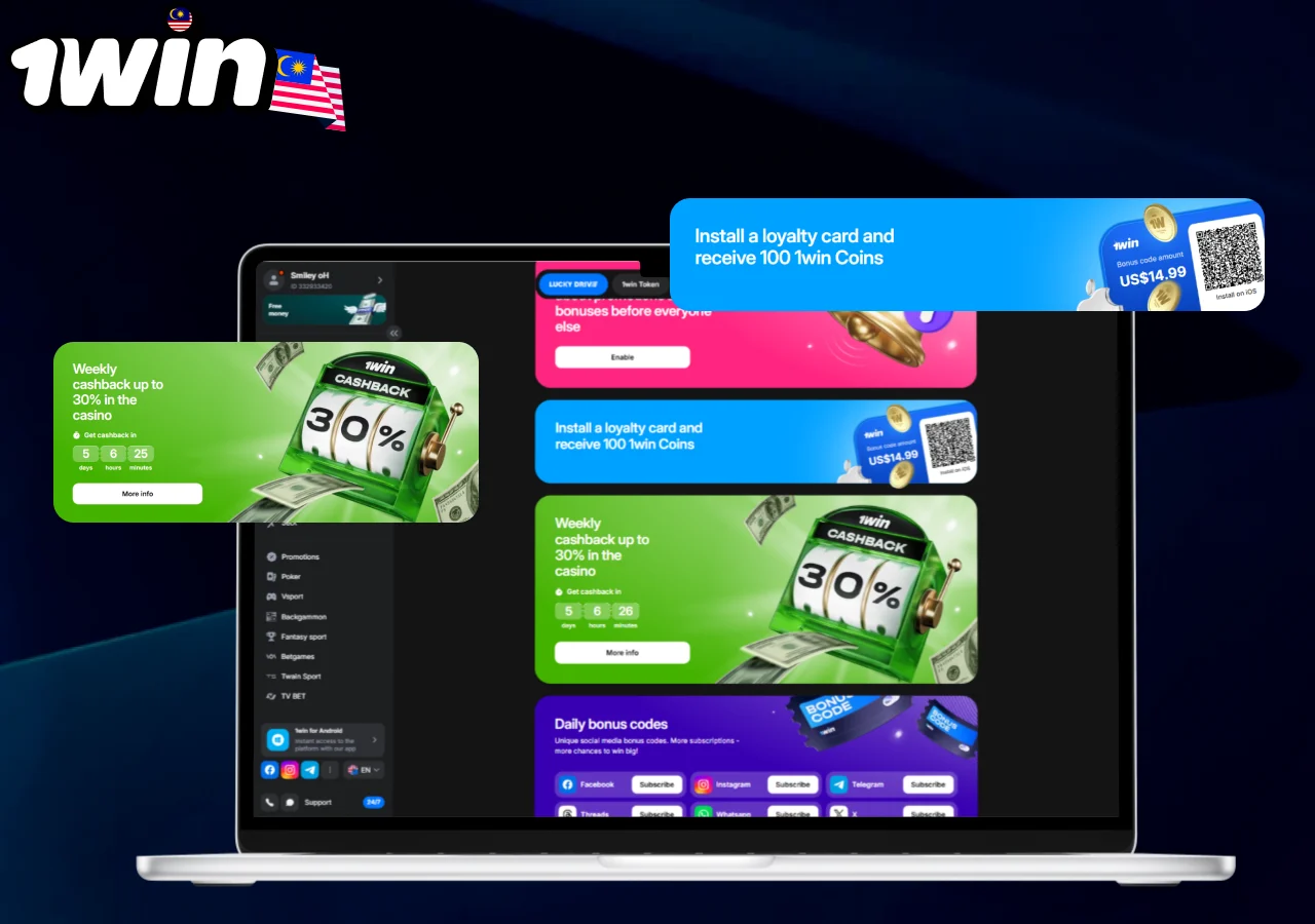 Cashback and loyalty programs on 1win with weekly returns up to thirty percent shown on screen