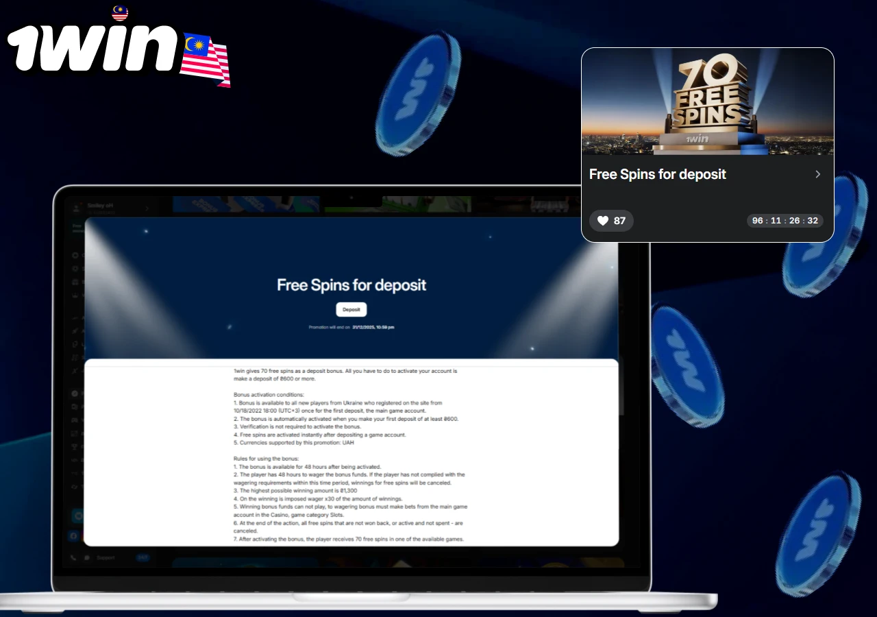 Free spins for deposit promotion on 1win Malaysia site offering 70 spins bonus displayed on laptop screen