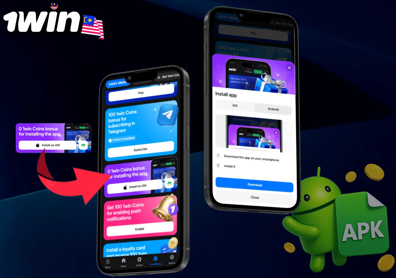 1win app installation on Android and iOS with extra bonus coins for users joining the platform