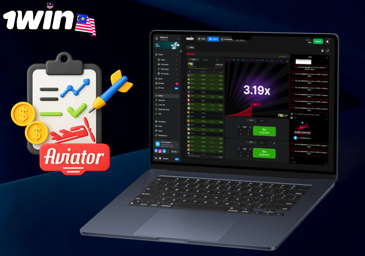 Betting strategies for Aviator game presented on 1win interface with key gameplay elements and charts