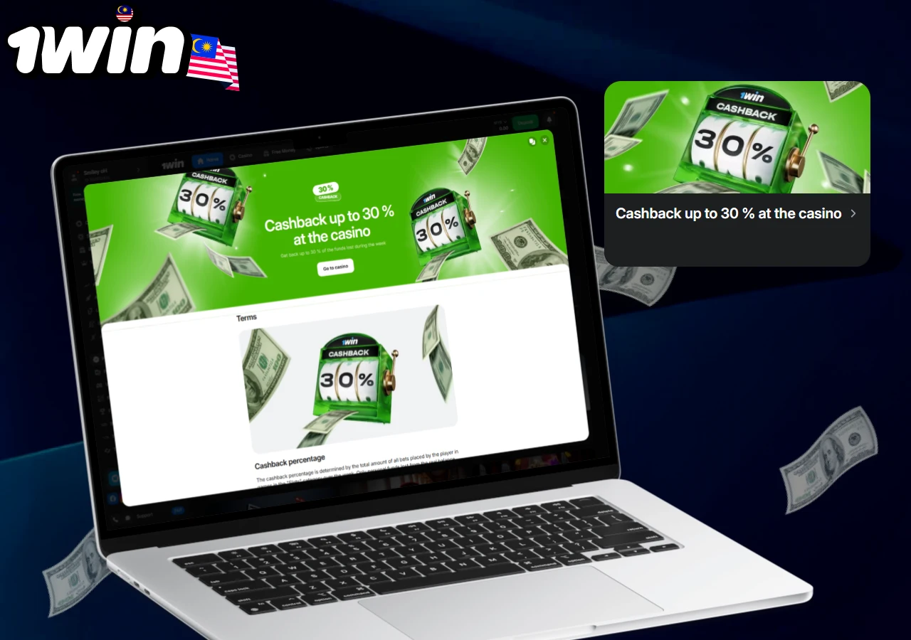 Cashback up to 30% promotion at 1win Malaysia casino shown on green themed laptop interface with dollar bills