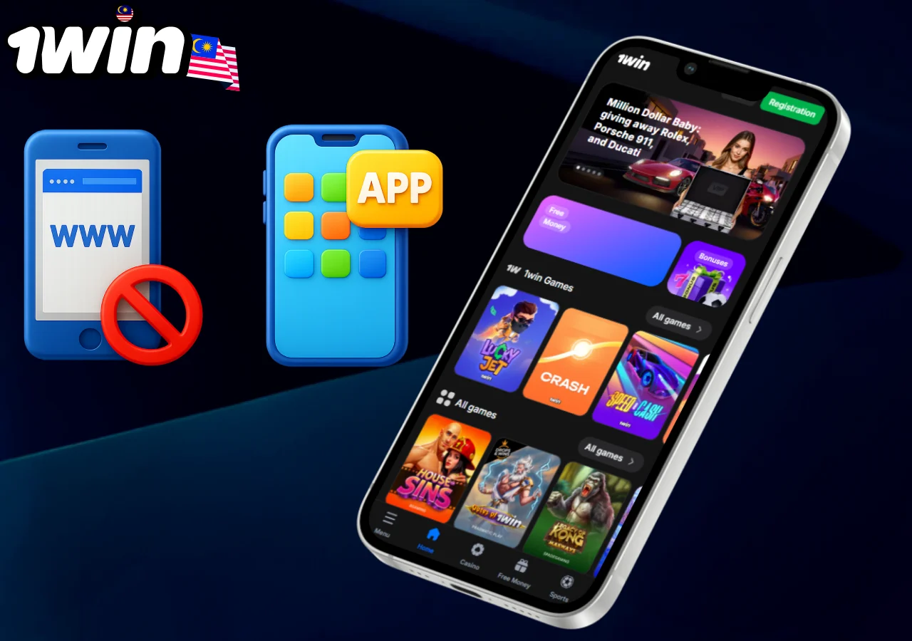 1win Malaysia comparison between mobile website and dedicated application highlighting smoother app performance