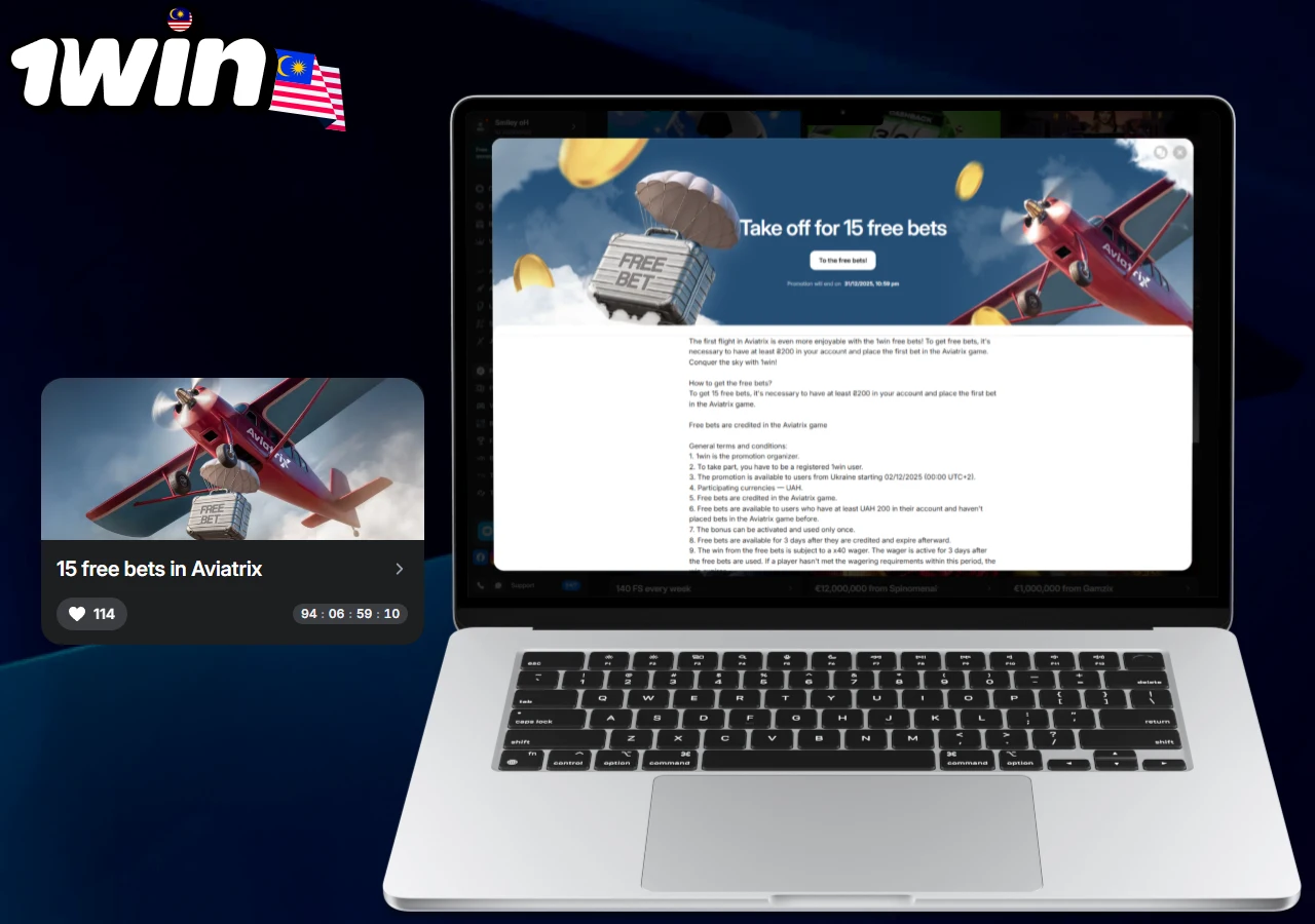 Aviatrix free bet promotion at 1win Malaysia showing airplane theme with 15 bonus bets displayed on laptop