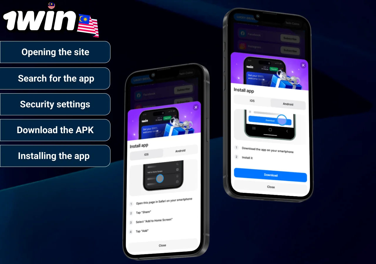 Steps to download and set up the 1win app illustrated on smartphone with installation instructions